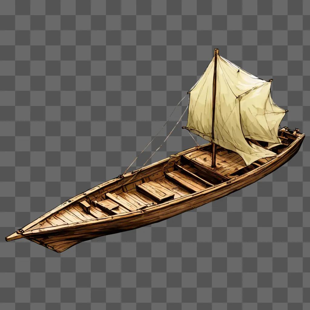スケッチボートの描画茶色の背景に帆と木製のボート