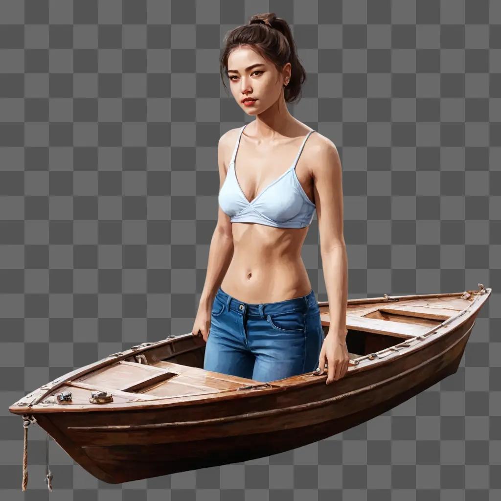 スケッチボートの絵青いトップを持つボートの美しい女性