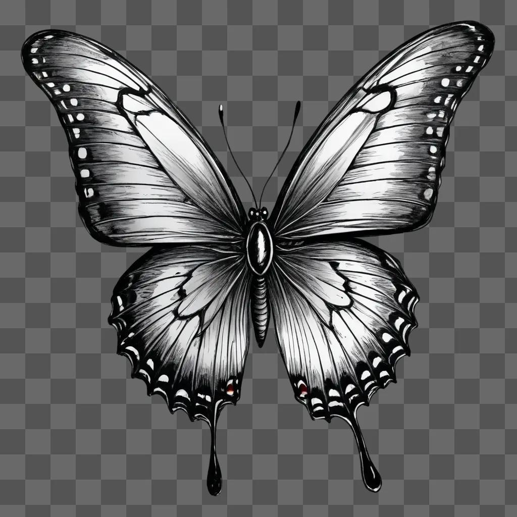 sketch butterfly drawing Black and white butterfly drawing on a gray background