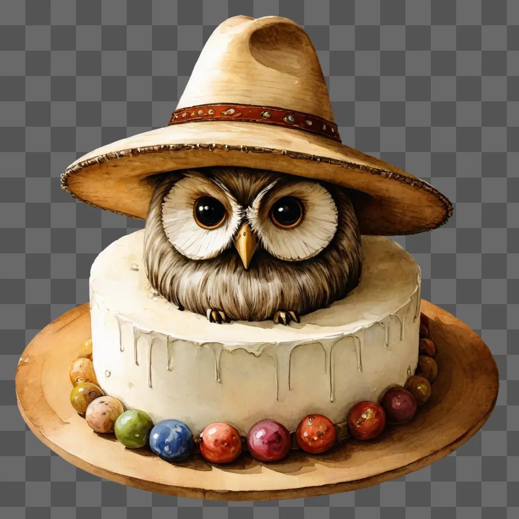 sketch cake drawing A cartoon owl sits atop a cake