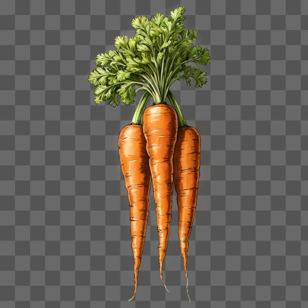 sketch carrot drawing Three carrots in a drawing on a brown background