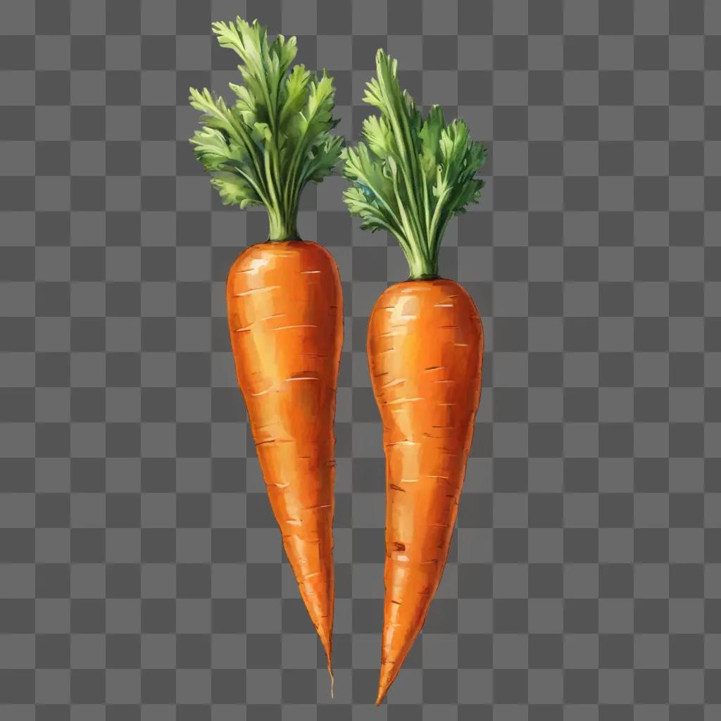 sketch carrot drawing Two carrots with green tops on a brown background