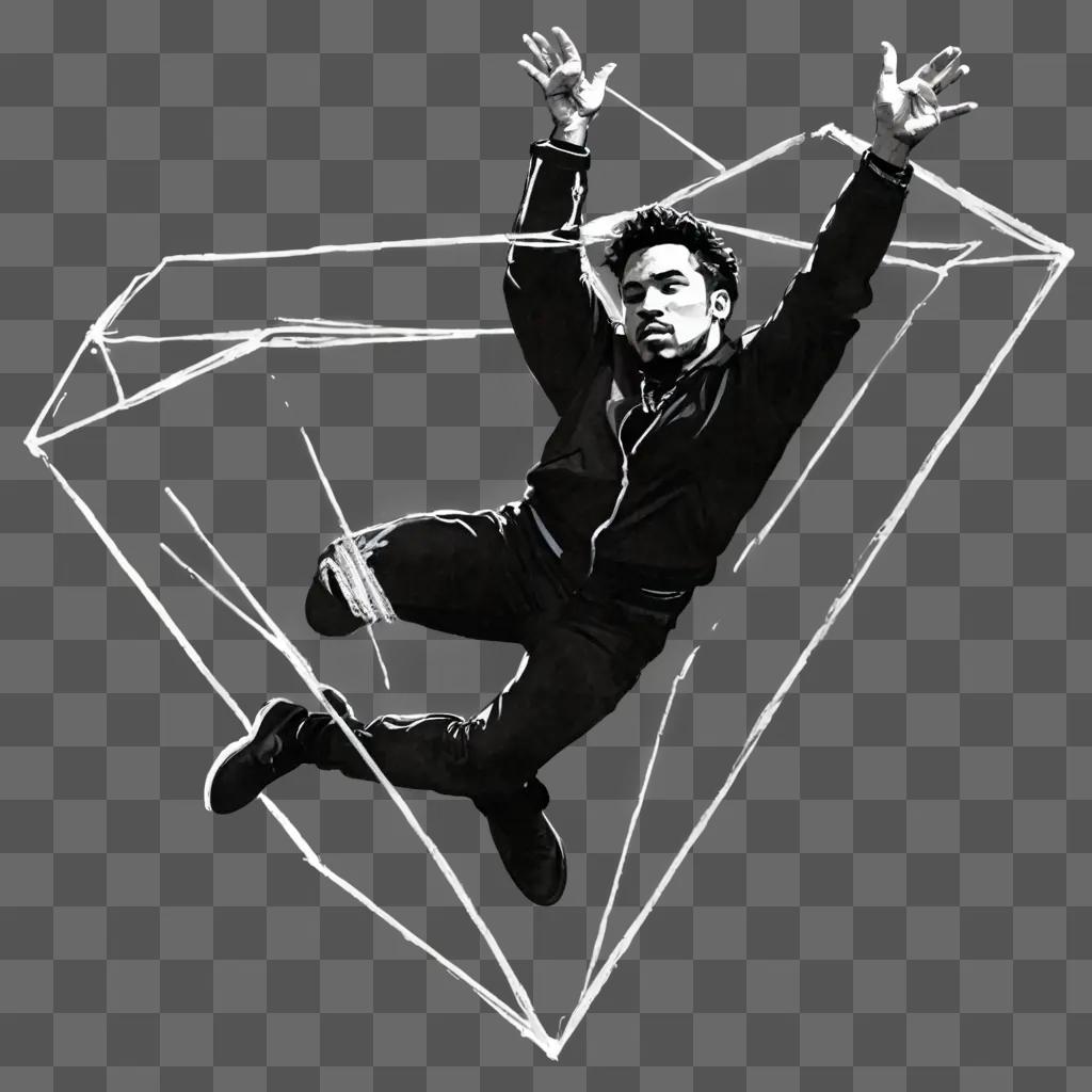 sketch diamond drawing Man in black jumpsuit leaps into diamond-shaped light