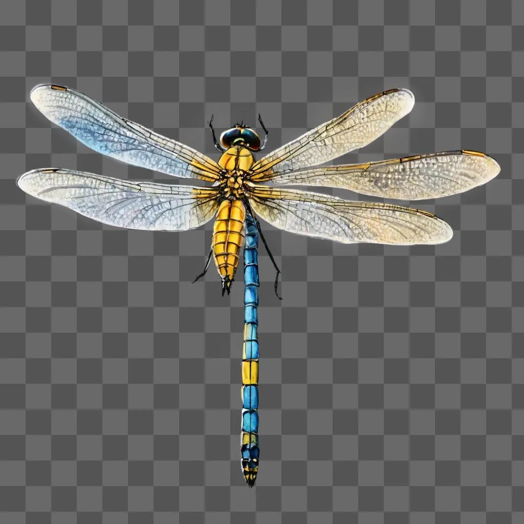 sketch dragonfly drawing A dragonfly with blue and yellow wings