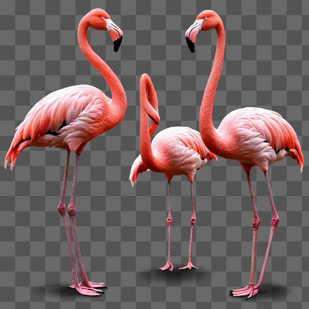 sketch flamingos drawing Three pink flamingos stand together against a pink backdrop