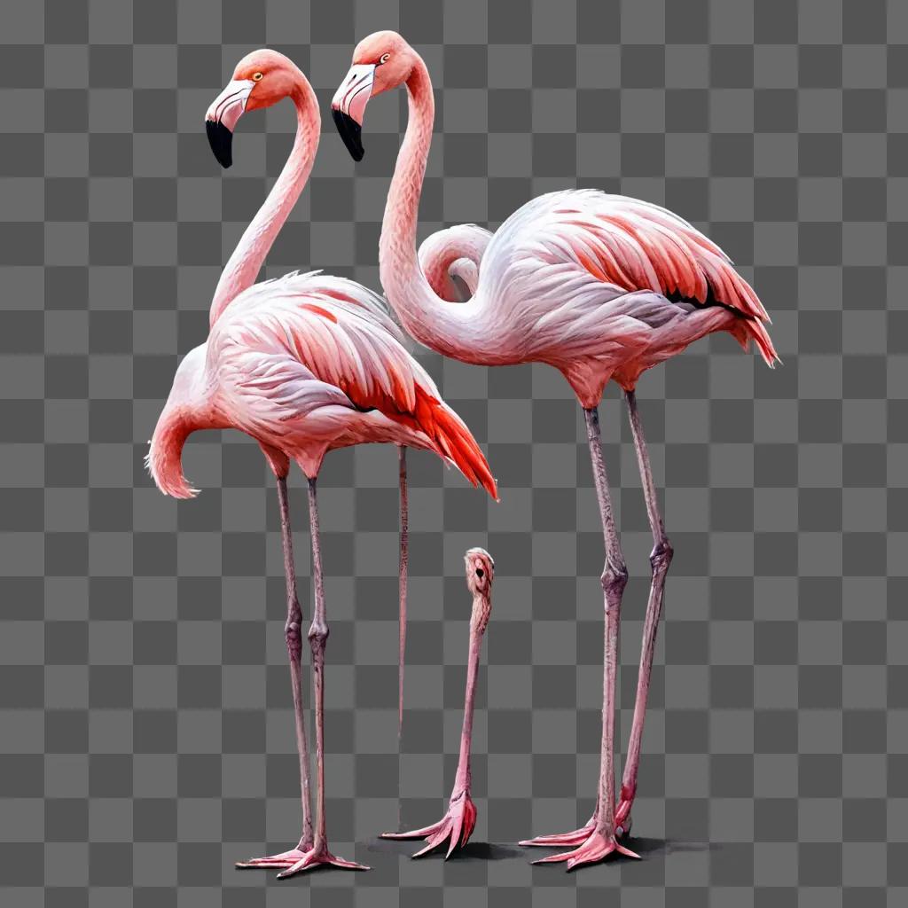 sketch flamingos drawing Two flamingos and a baby on a pink background