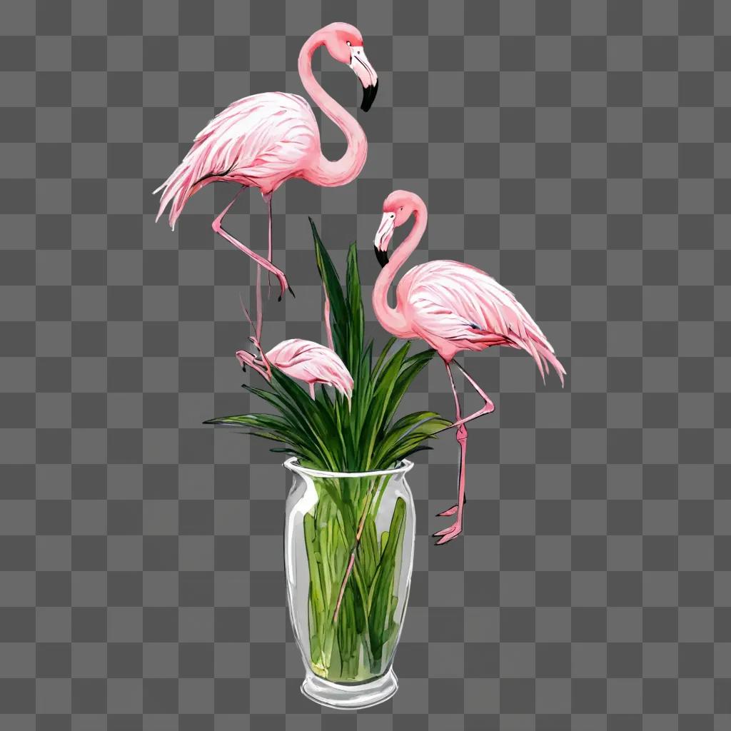 sketch flamingos drawing Two flamingos and a plant in a vase