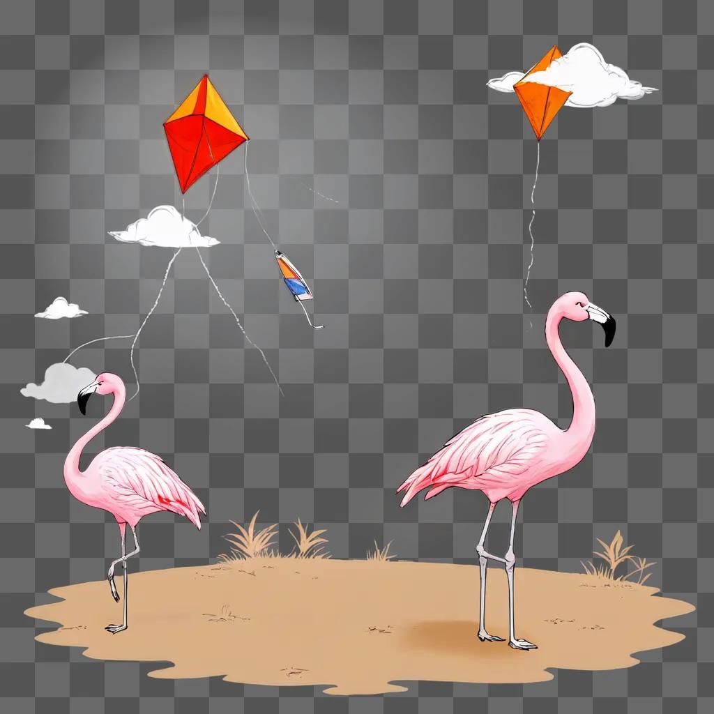 sketch flamingos drawing Two pink flamingos stand near a kite in the air