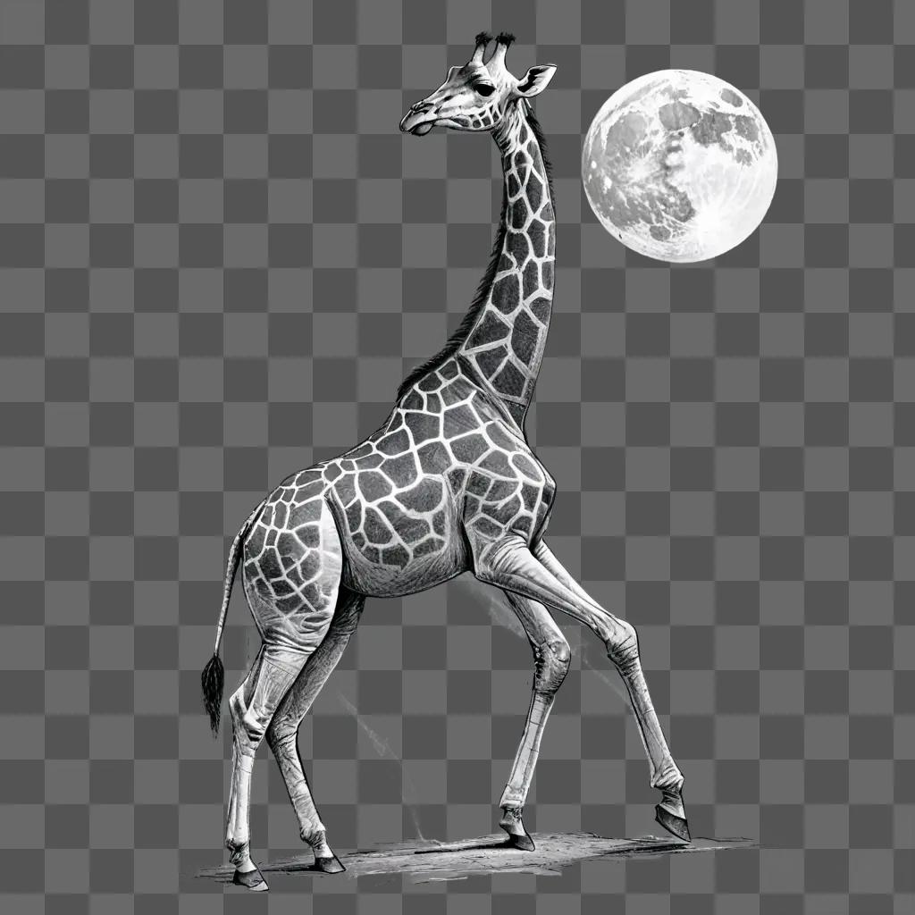 sketch giraffe drawing A giraffe stands with a full moon behind it