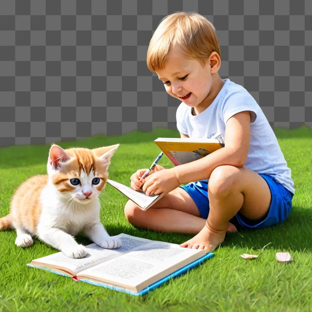 sketch kitten drawing Little boy and kitten sitting on grass