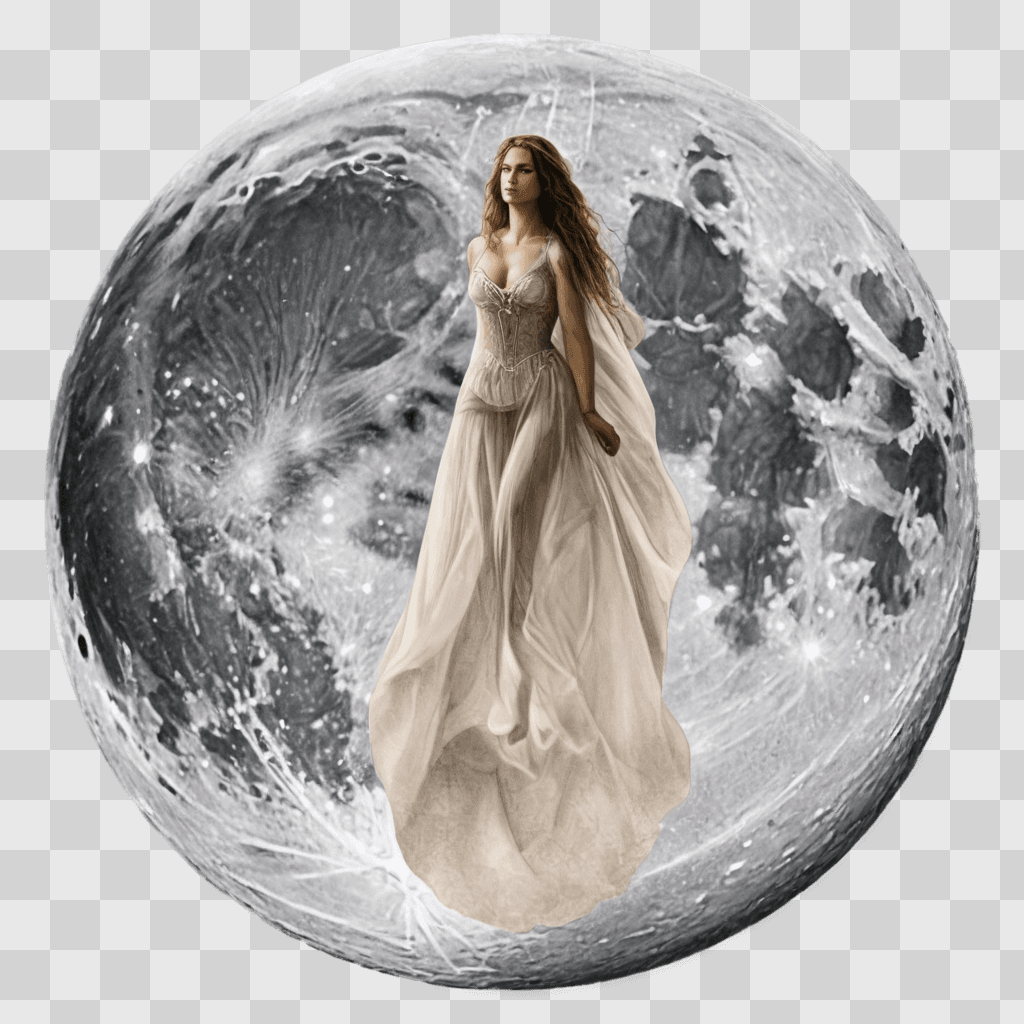 sketch moon drawing A woman in a dress floats above a large moon