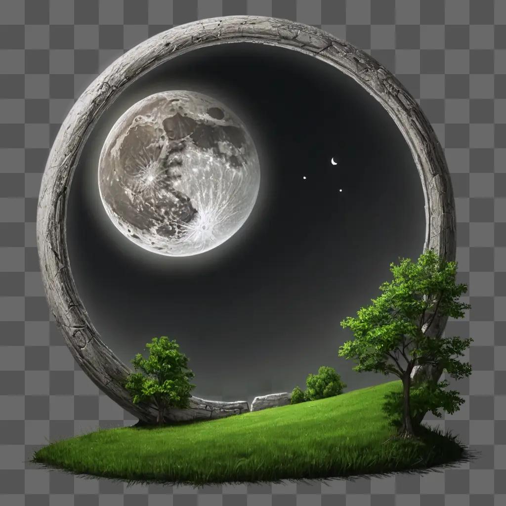 sketch moon drawing Moon in a round circle surrounded by trees and grass