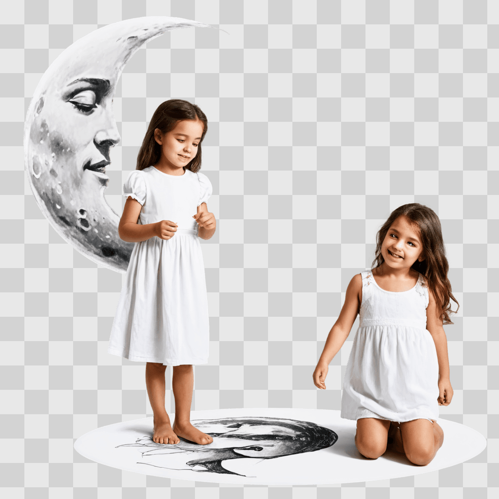 sketch moon drawing Two girls in white dresses with a moon in the background