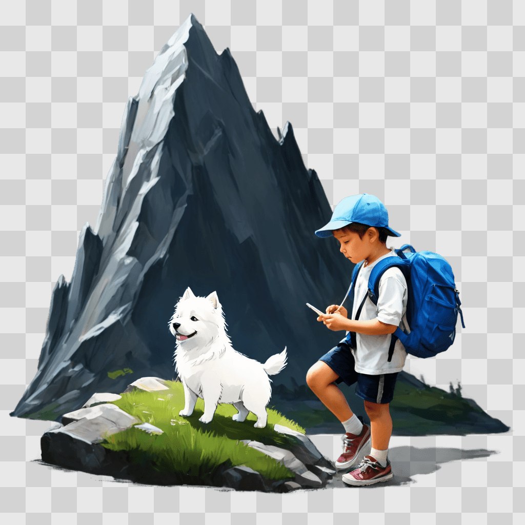 sketch mountain drawing Boy with a white dog on a mountain with a blue backpack