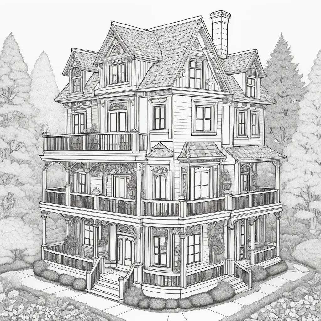 sketch of a tall house with a balcony and trees in the background