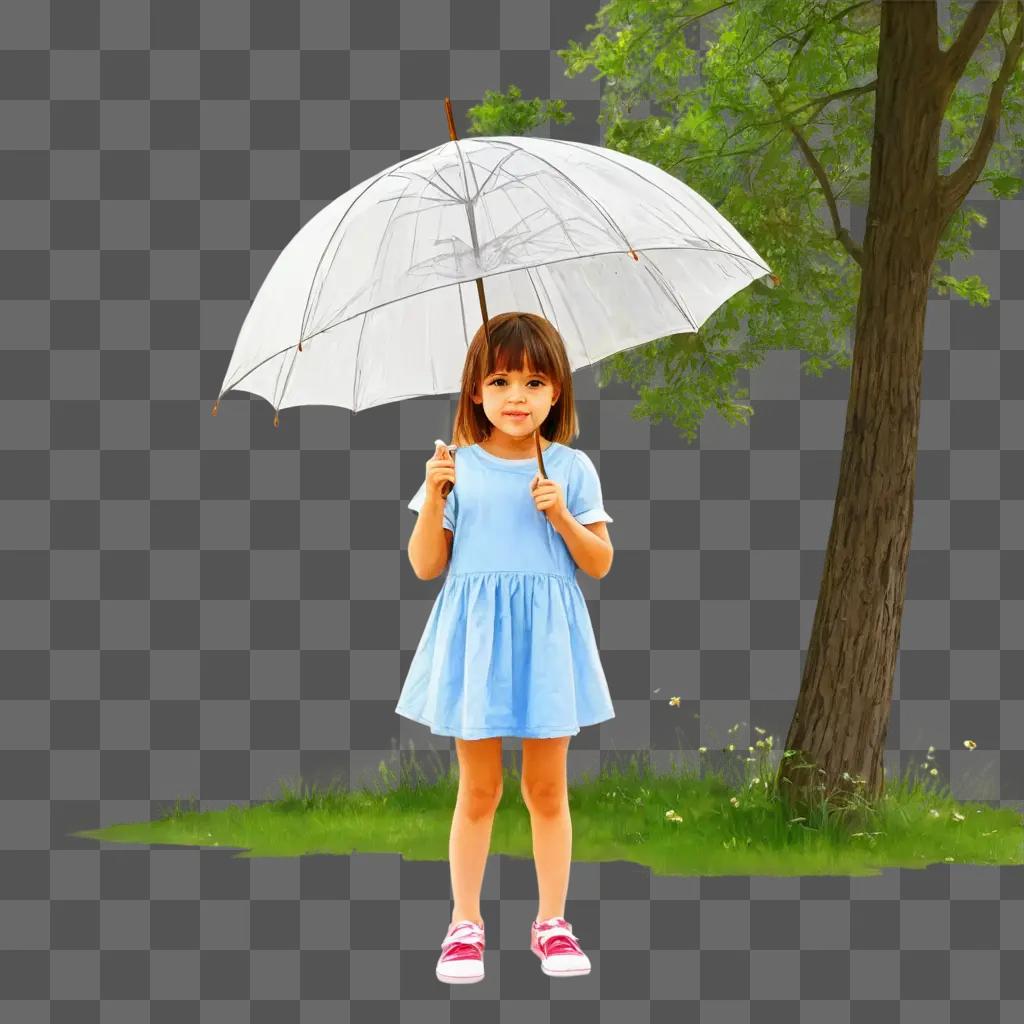 sketch umbrella drawing A girl in a blue dress holds an umbrella in the grass