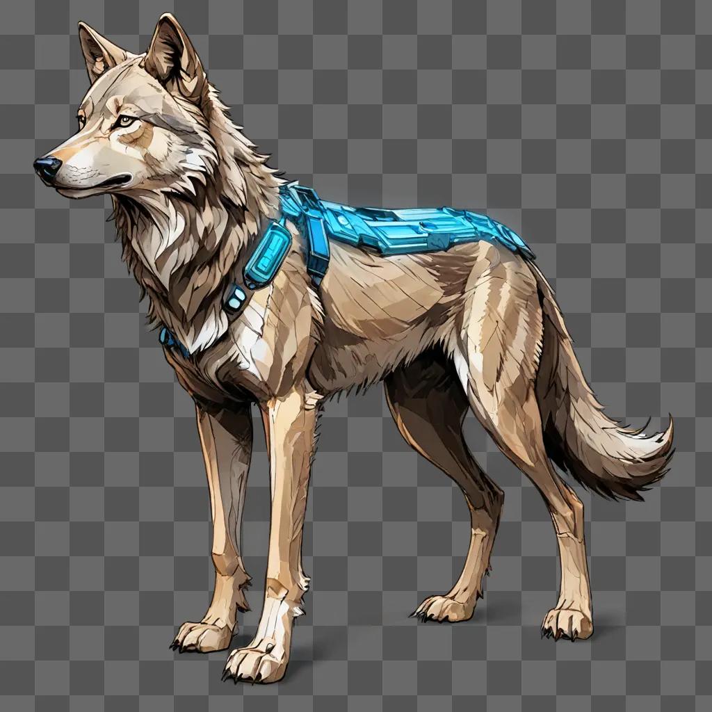 sketch wolf drawing A brown dog with blue harness on its back