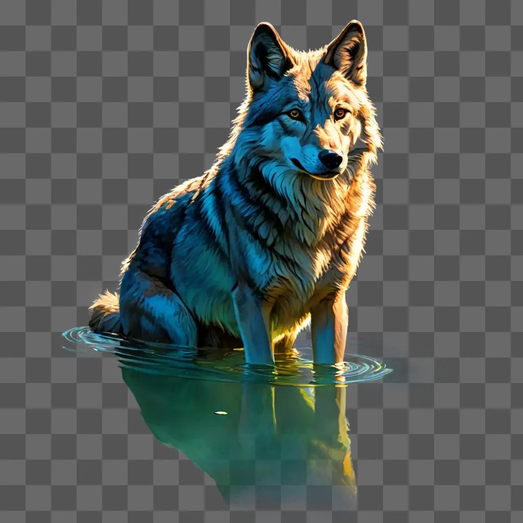 sketch wolf drawing A wolf standing in water with a reflection