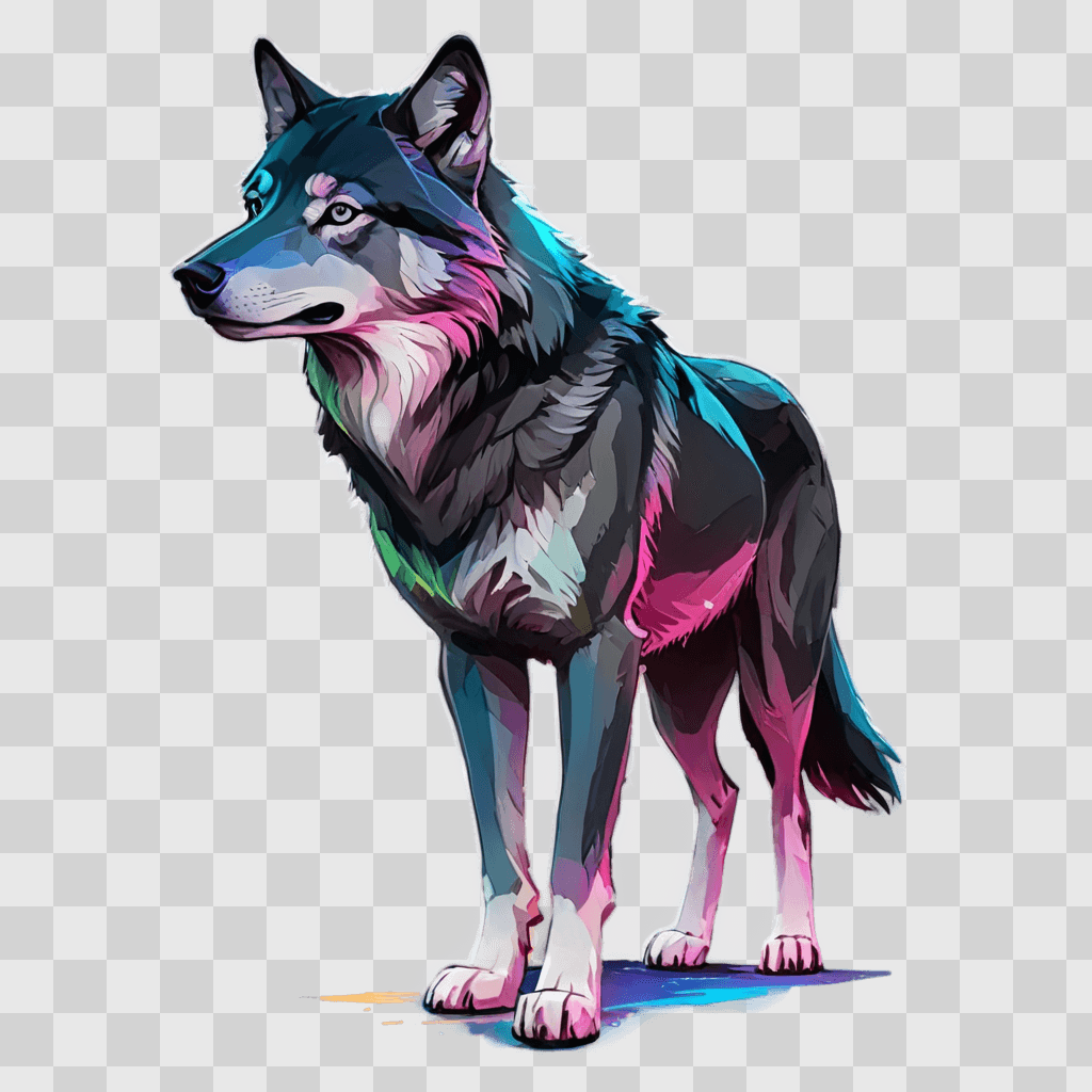 sketch wolf drawing A wolf with a colorful glow standing on a grey surface