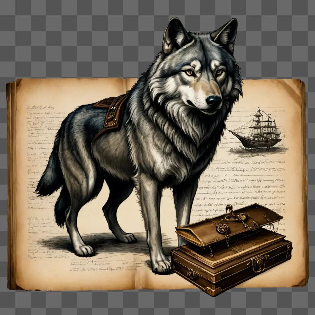 sketch wolf drawing A wolf with a saddle stands near a book with a ship on it