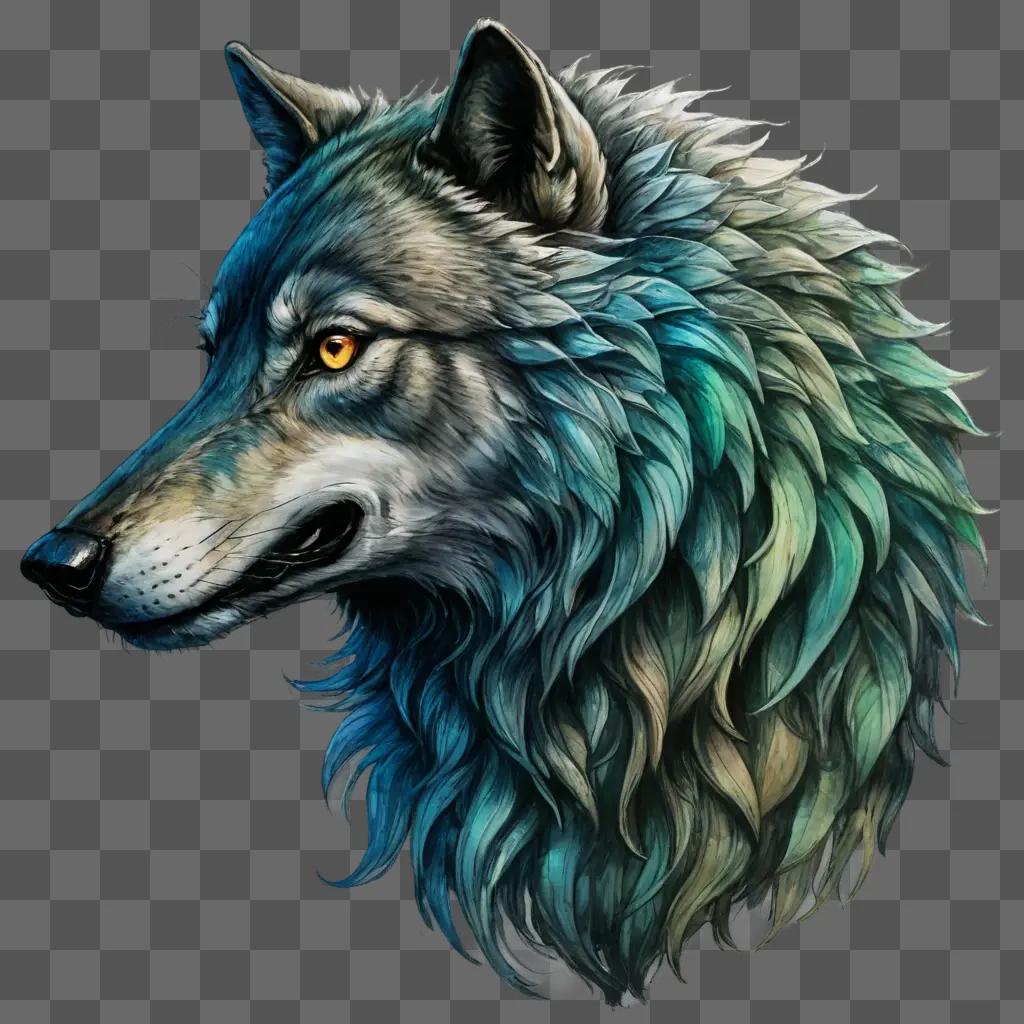 sketch wolf drawing A wolf with green hair on a dark background