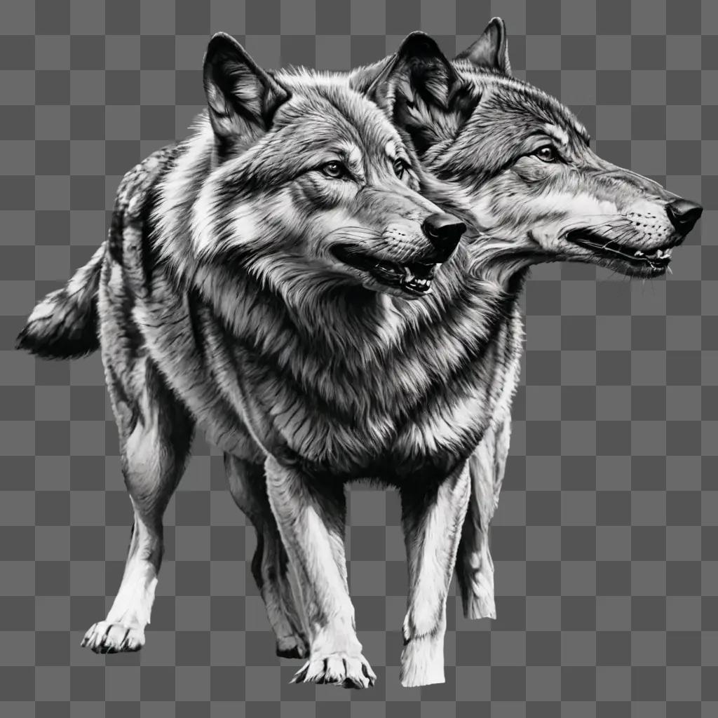 sketch wolf drawing Black and white image of two wolves running