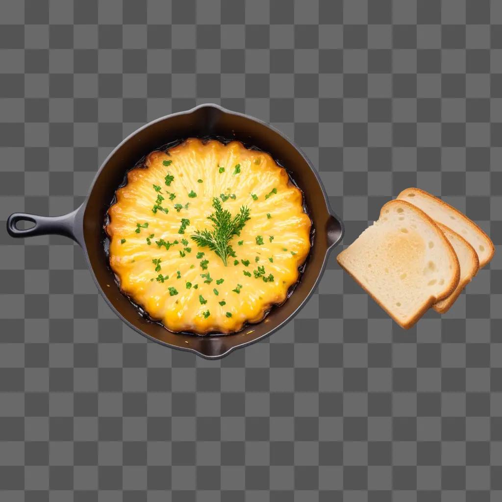 skillet of cheese topped with bread and parsley