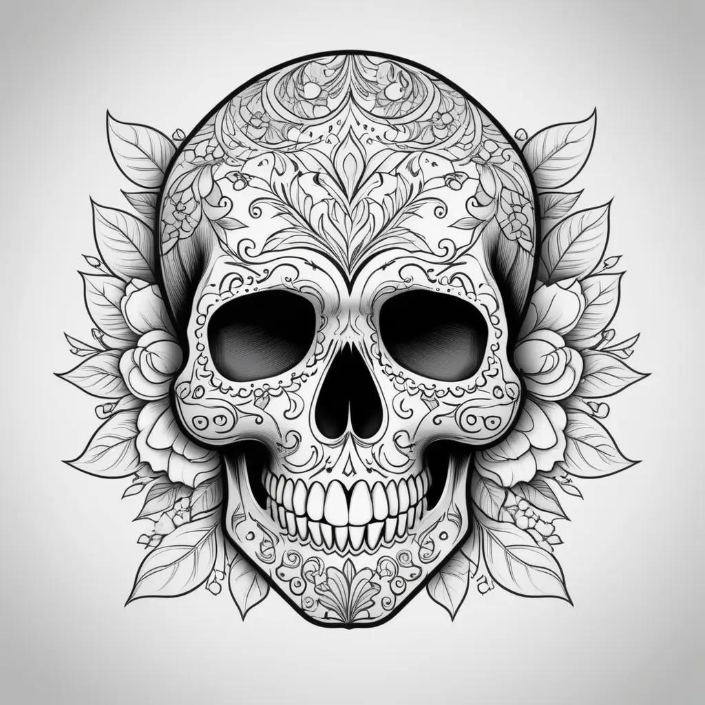 skull coloring page with leaves and flowers