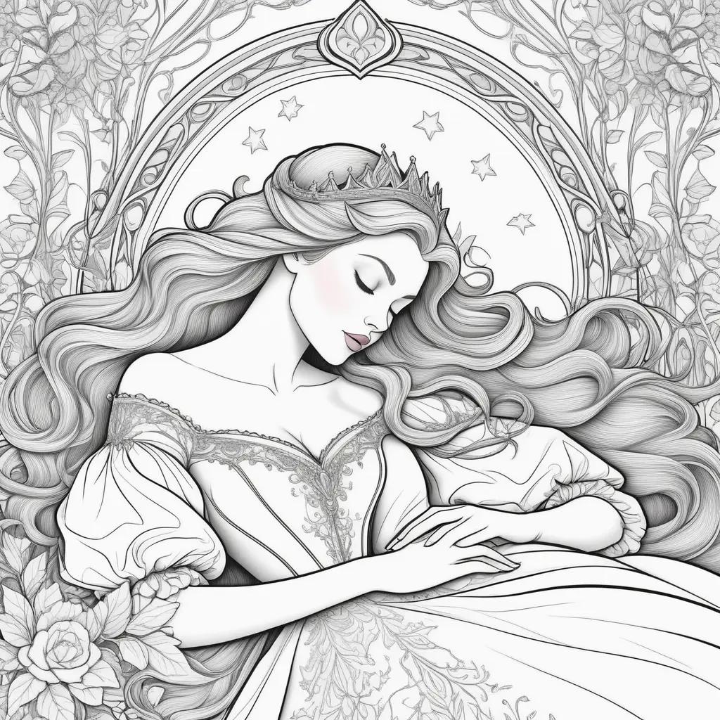 sleeping beauty coloring page featuring a sleeping beauty and a crown