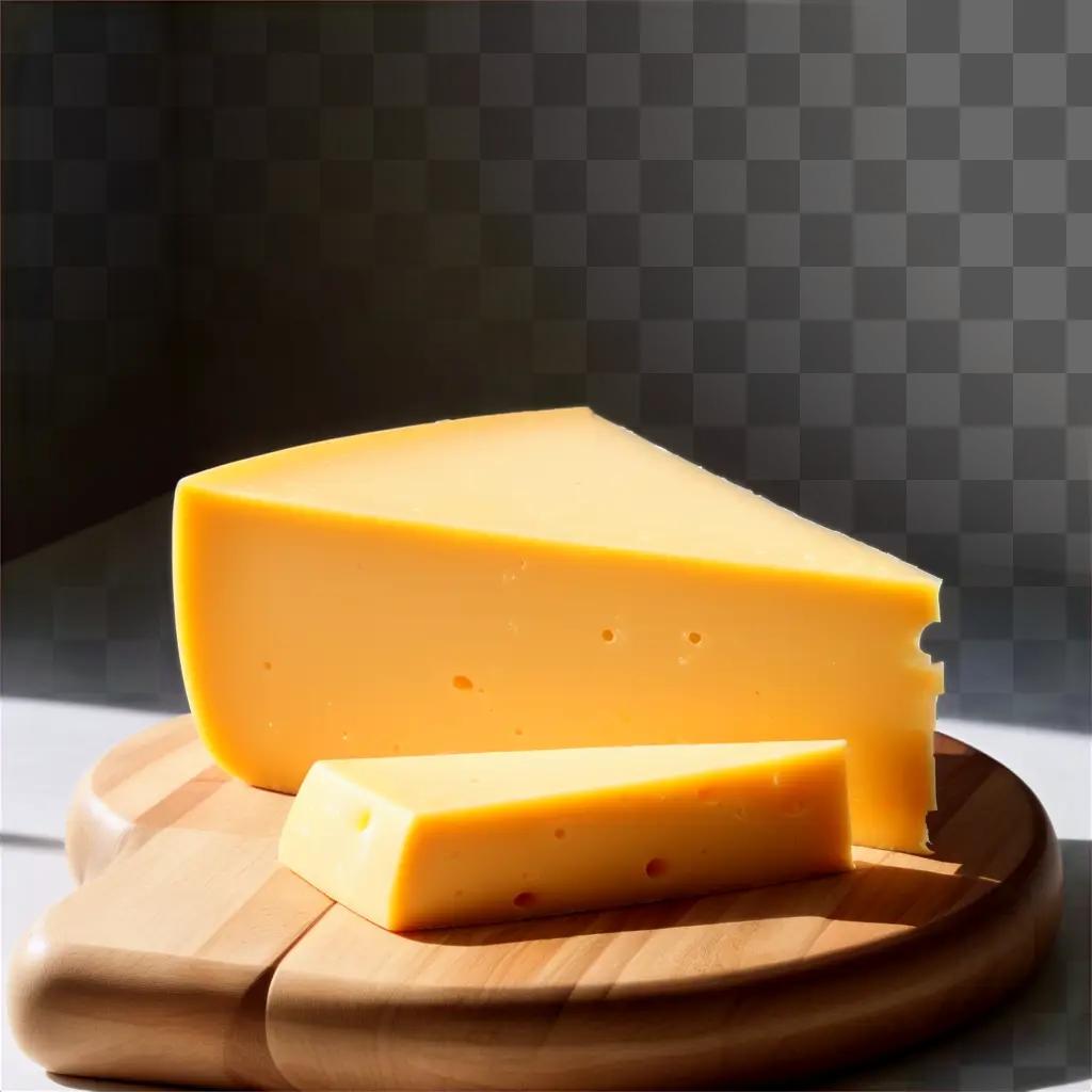 slice of cheese sits on a wooden board