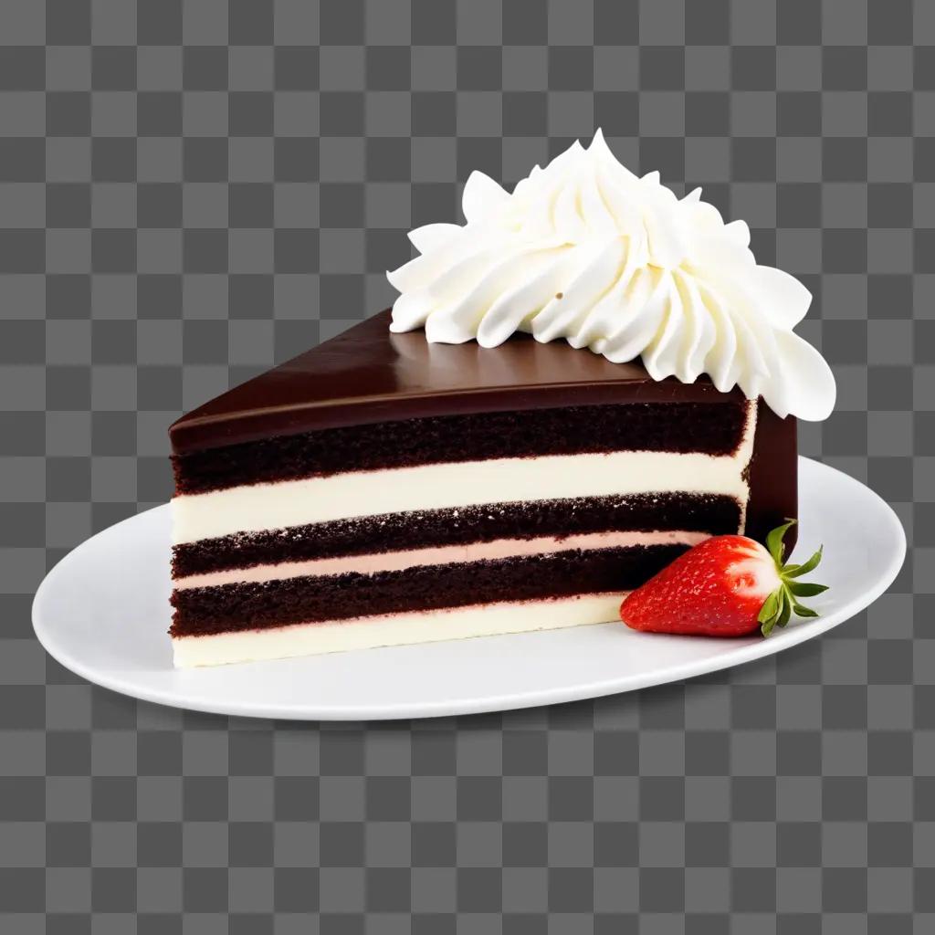 slice of chocolate cake with white frosting and a strawberry