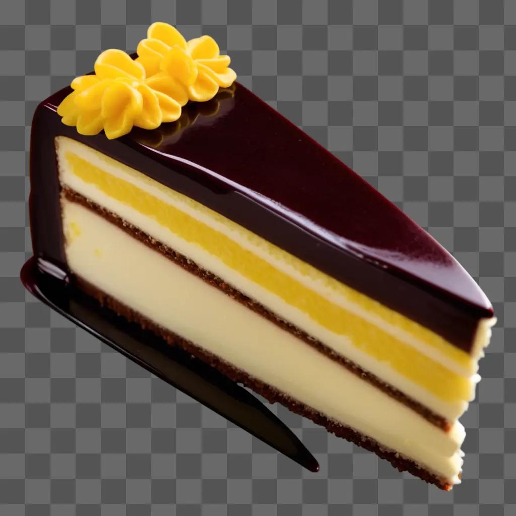 slice of chocolate cake with yellow icing