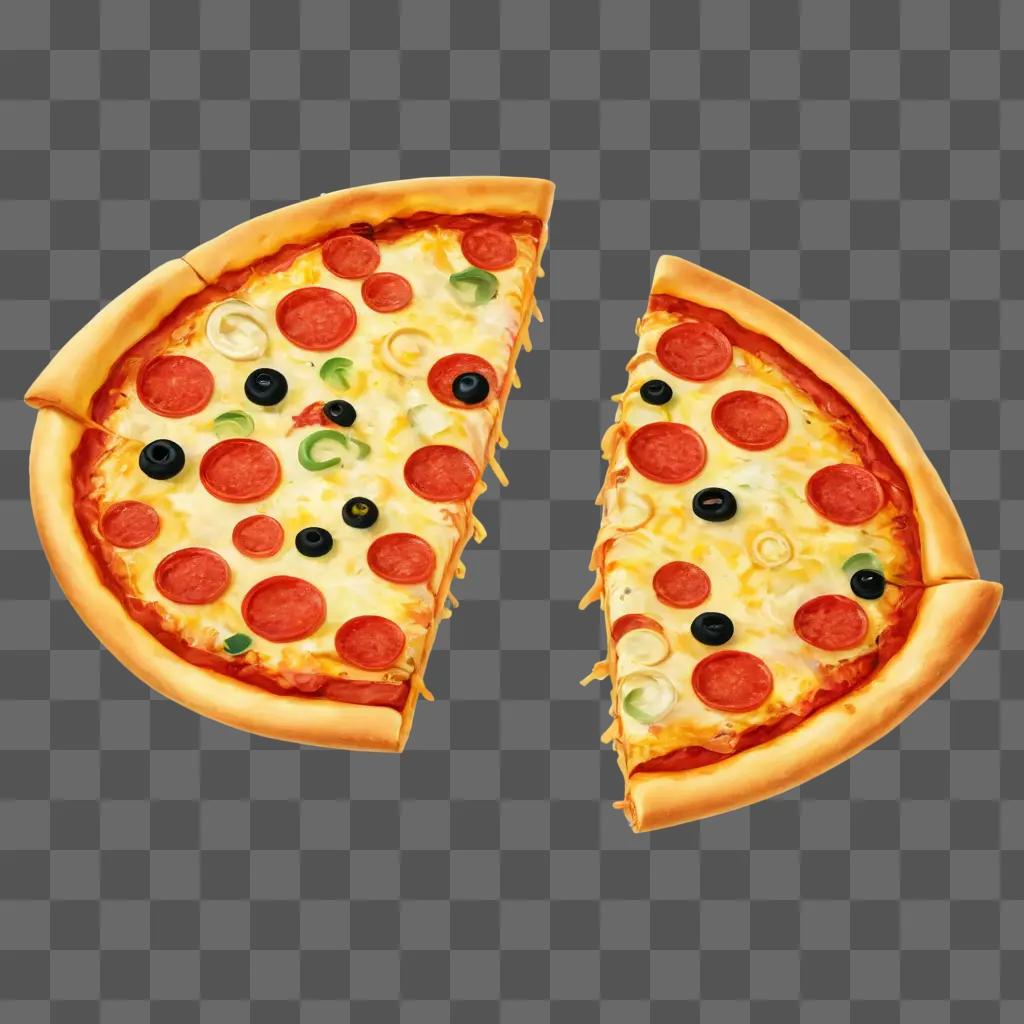 slice of pizza clipart Two pizza slices with various toppings on an orange background