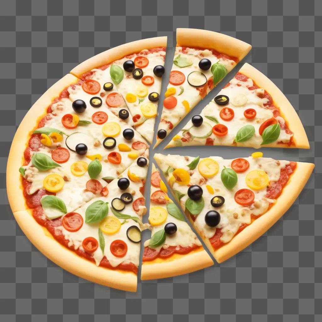 slice of pizza with various toppings on a brown background