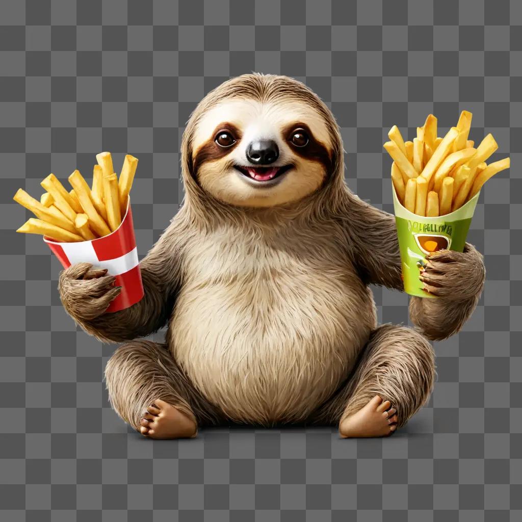 sloth cartoon A sloth holding two cups of french fries