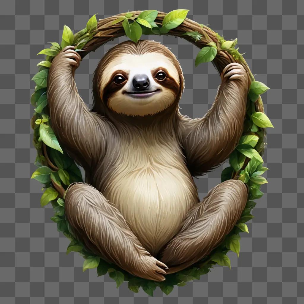 sloth cartoon A sloth in a wreath with leaves on a green background