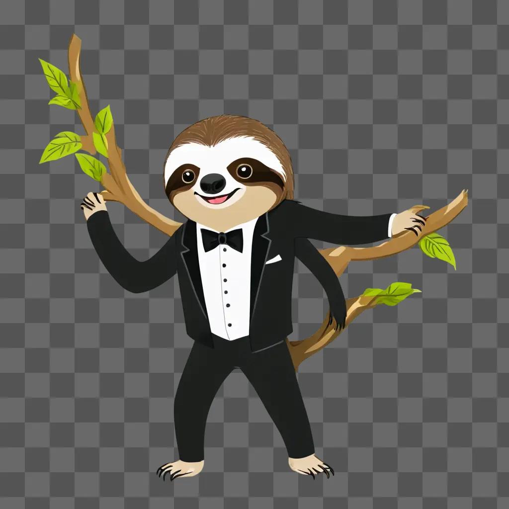 sloth cartoon A sloth in tuxedo poses with a tree branch