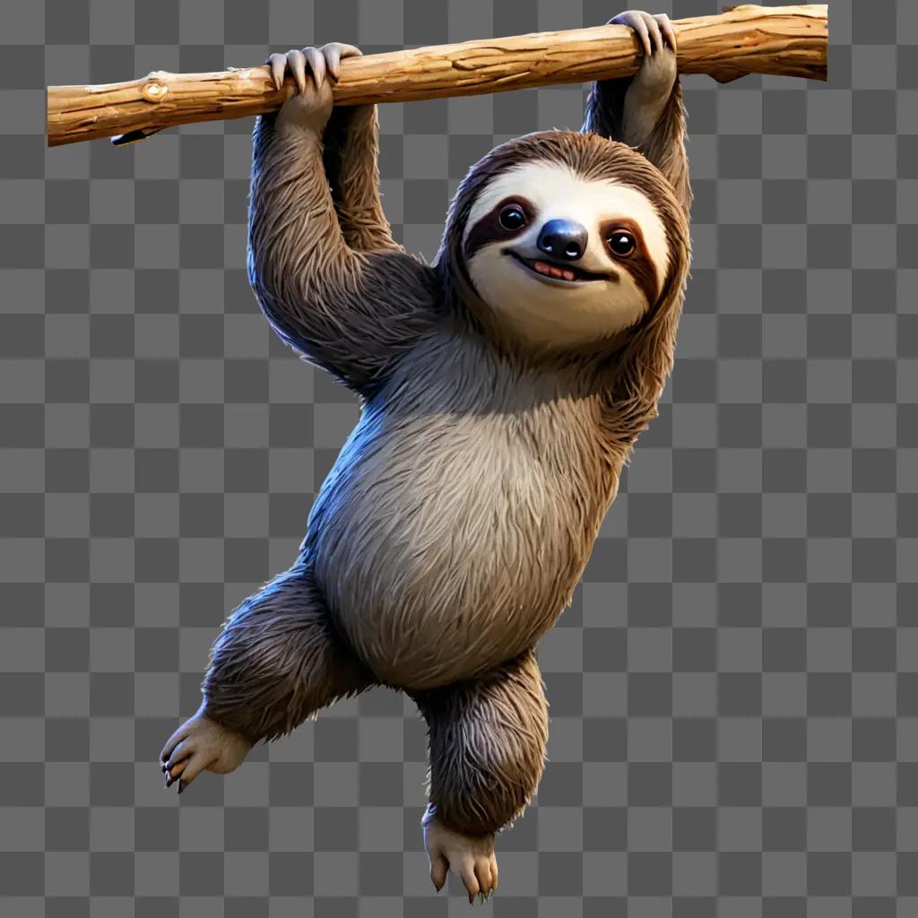 sloth cartoon character A sloth hangs from a log in a cartoon-style