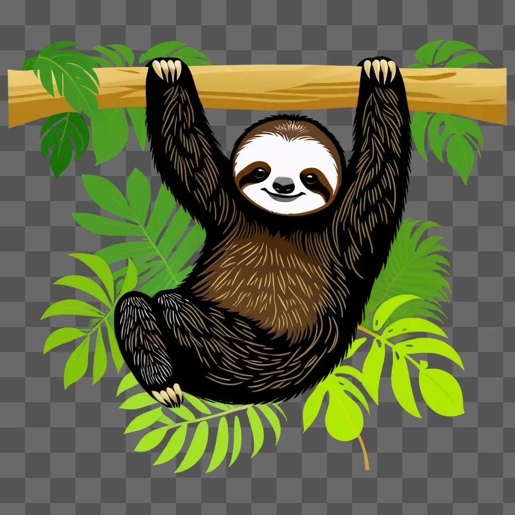 sloth hangs from a tree branch in a green forest