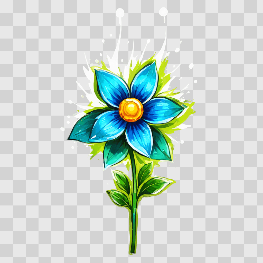 small flower drawing A blue flower with green leaves and yellow center