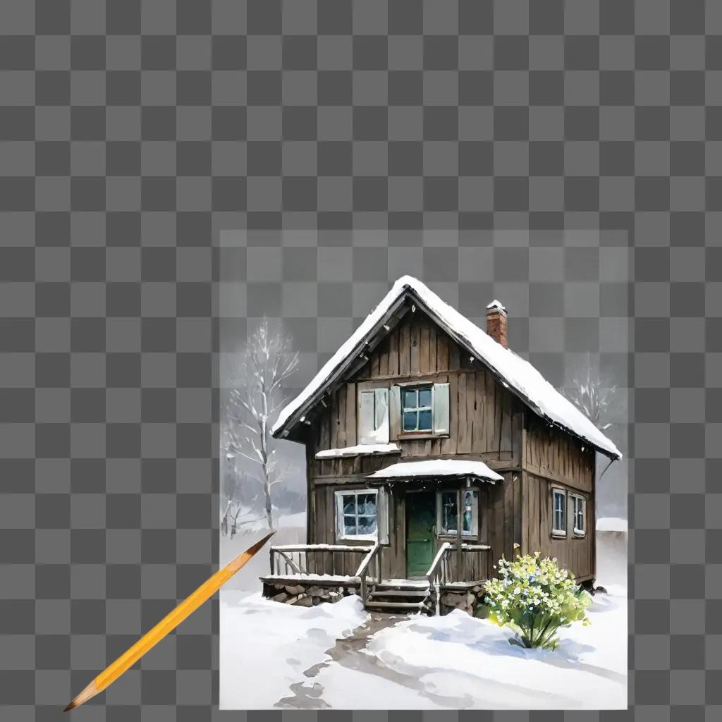 small flower drawing A house in the snow with a yellow stick outside