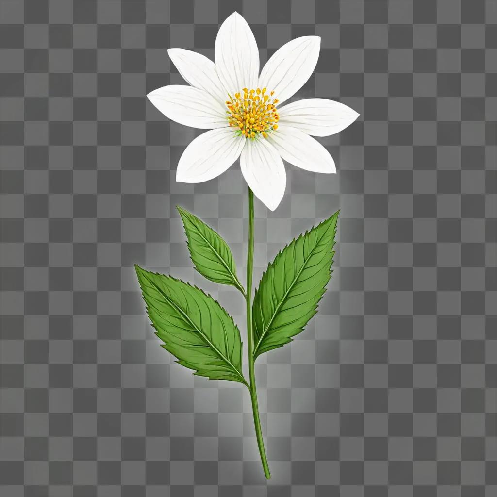 small flower drawing A white flower with yellow center and green leaves