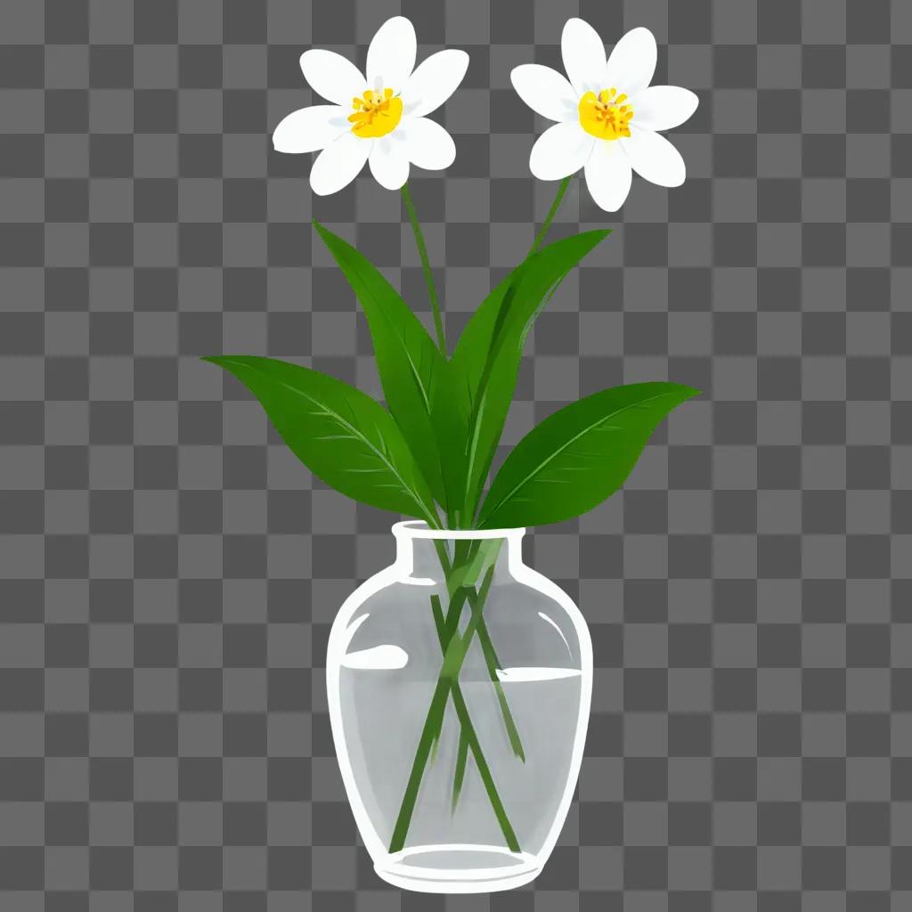 small flower drawing Two flowers in a clear vase on a green background