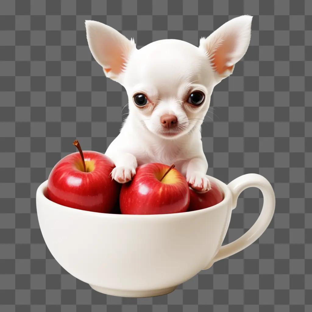 small white dog sits in a teacup with apples