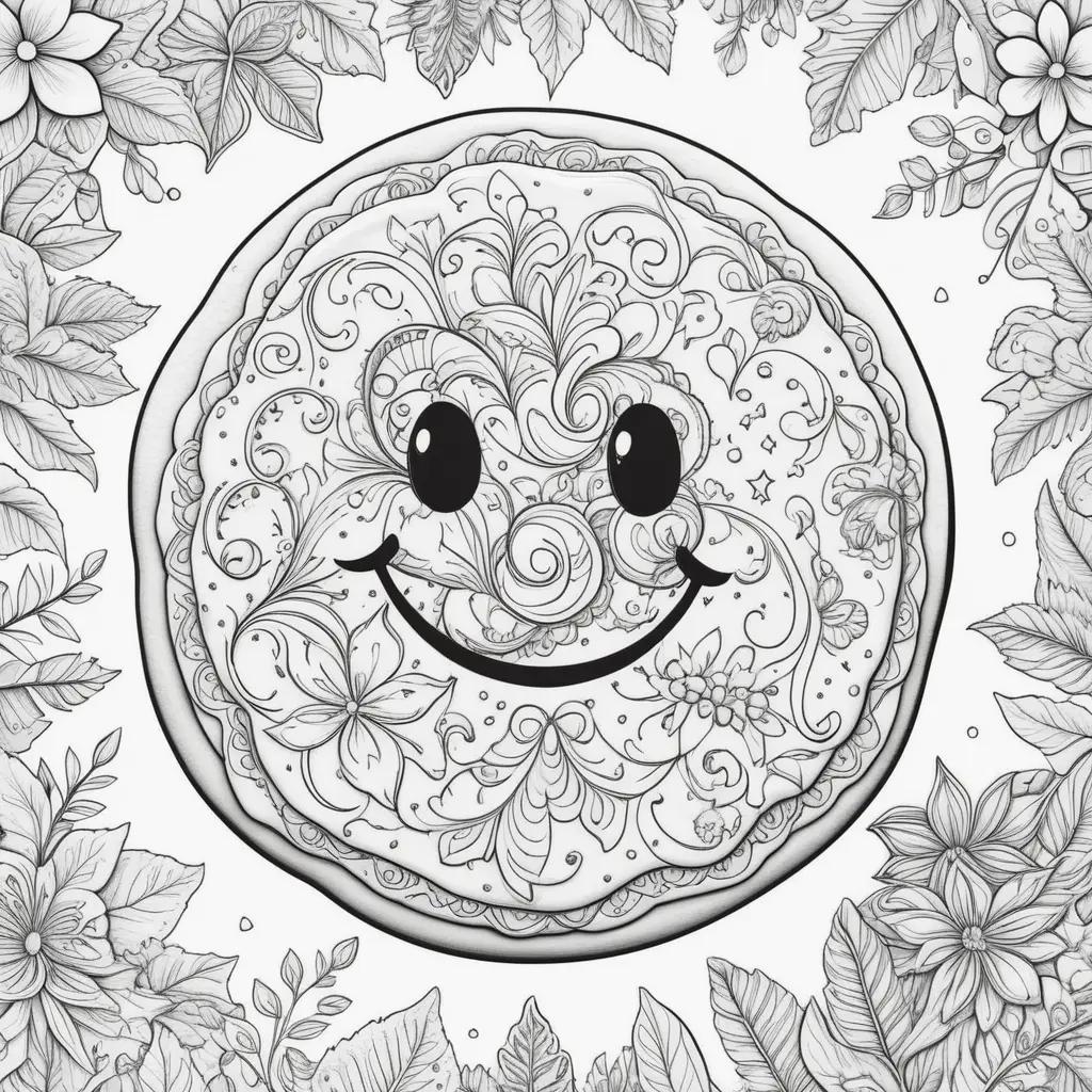 smiley cookie sits in a floral design coloring page