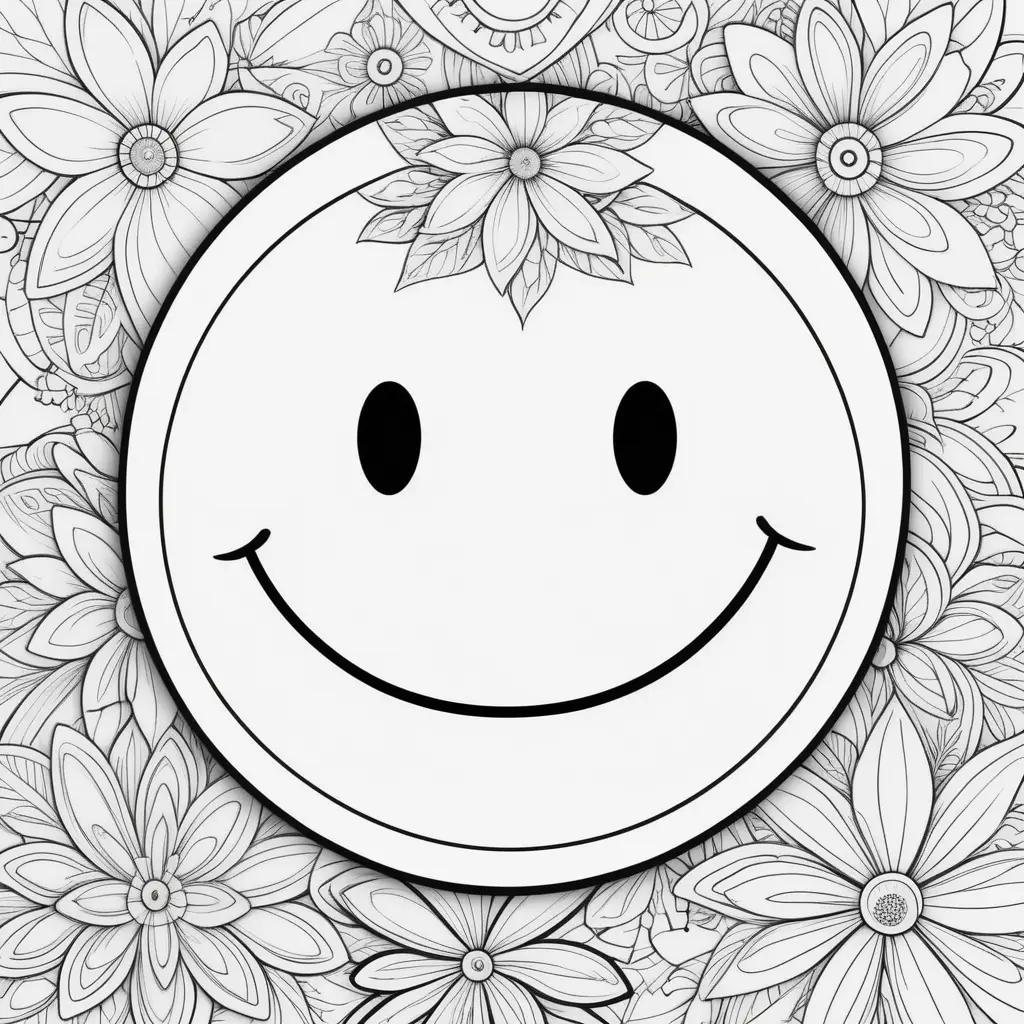 smiley face coloring page with flowers in the background