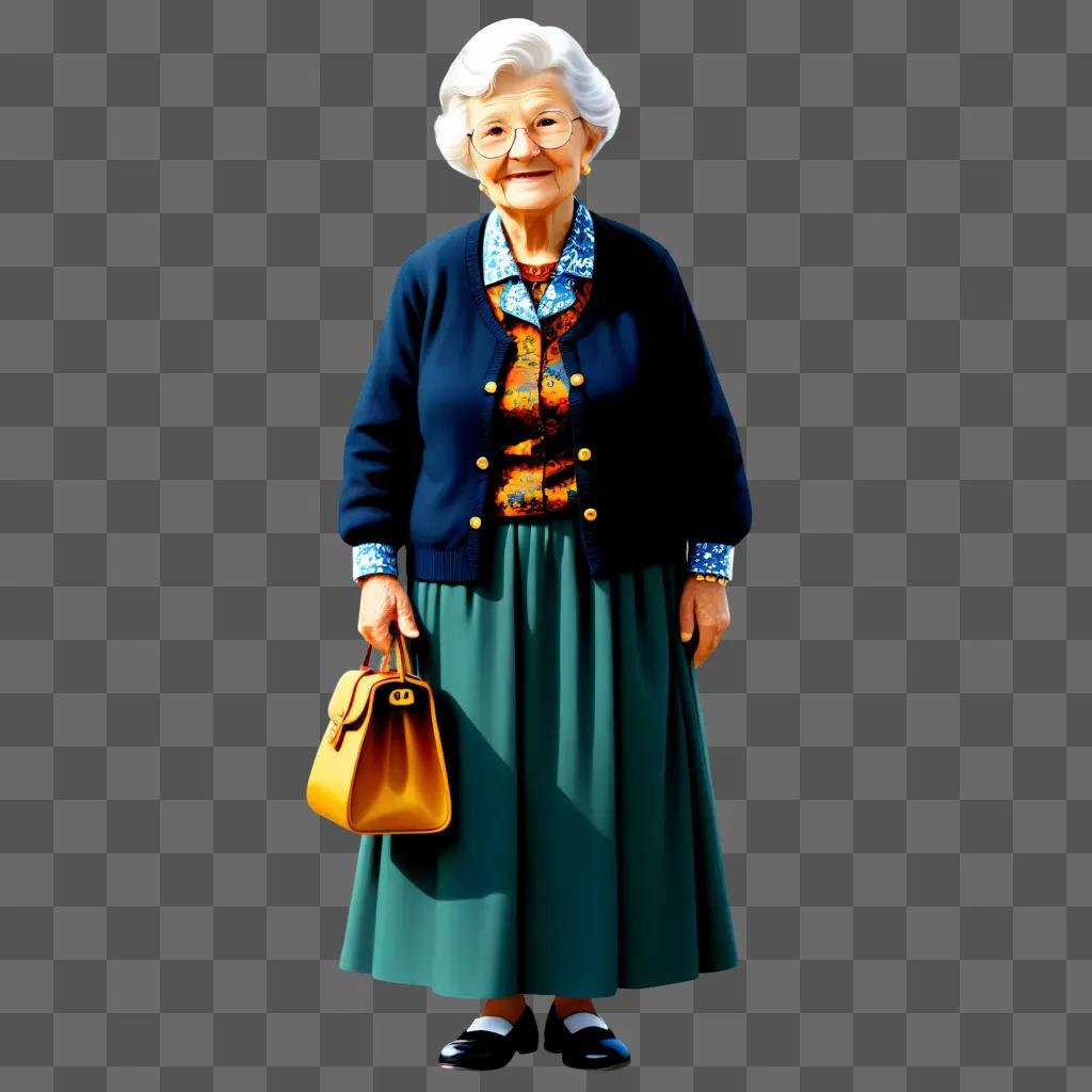 smiling, old woman holding a yellow purse