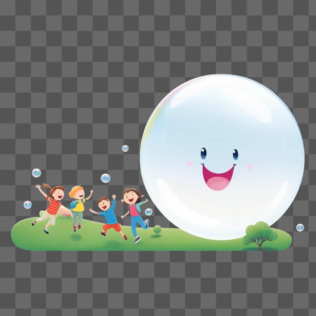 smiling bubble and smiling kids on a green hill