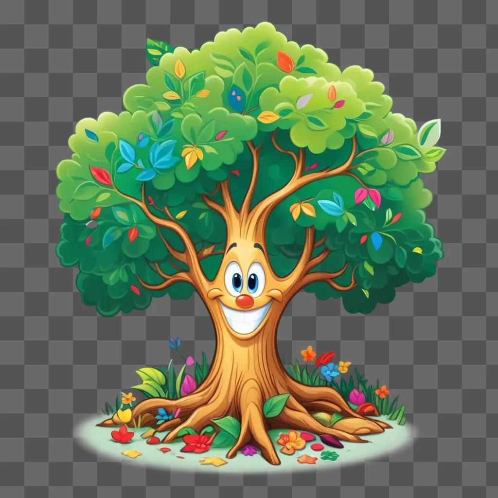 smiling cartoon tree with colorful leaves