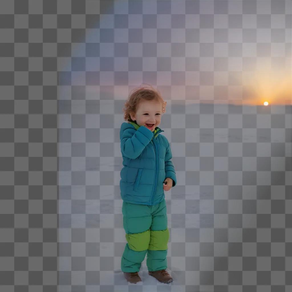 smiling child in winter clothes stands in the snow